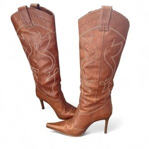 Aldo Brown Pointed-Toe Western Knee-High Heeled Boots US7